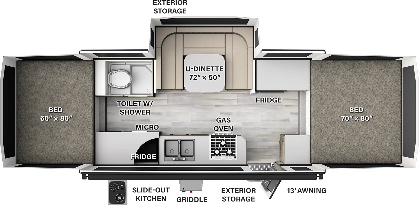 The HW27KS has one slideout and one entry door. Exterior features a 13 foot awning, griddle, slideout kitchen with refrigerator and exterior storage on both sides. Interior layout front to back: front tent bed; off-door side cabinet with refrigerator, u-dinette slideout, and toilet w/shower; door side cabinet, entry, gas oven, sink, and cabinet with microwave; tent bed in the rear. 